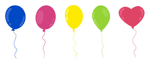 Colored balloons in flat style set vector illustration. Cartoon isolated collection