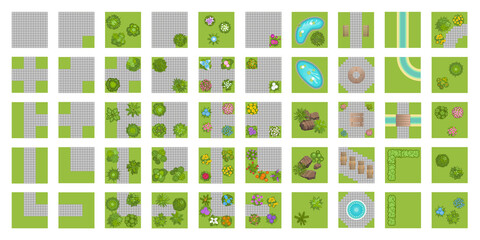 Park walkway street square building block icon set. (Top view) Set of square modules for the city park.  (View from above) 