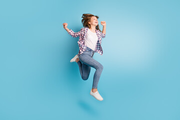 Full body profile photo of energetic person have fun look empty space isolated on blue color background