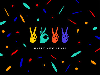 Happy New Year 2022 logo text design. Concept design with fingers. Sign of Victory and sign of OK. Freedom, good, peace, excellent, Like. Best wishes. Great ides. Color elements