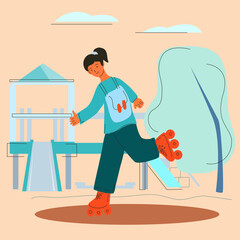 Girl on roller skates rides near the playground