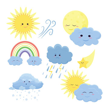 Cute weather icons set in cartoon flat style isolated on white background. Vector illustration of sun, rain, storm, snow, wind, moon, star, rainbow. Funny characters