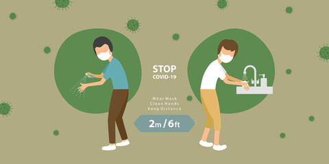 illustration vector, men in face masks cleaning hands with alcohol spray or soap and keeping distance with virus in air during COVID-19 situation, concept of flu prevention to stop the pandemic.