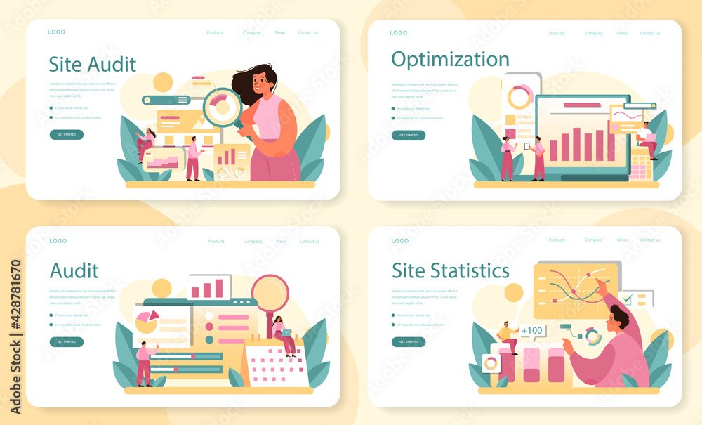 Poster website audit web banner or landing page set. web page analysis of website'