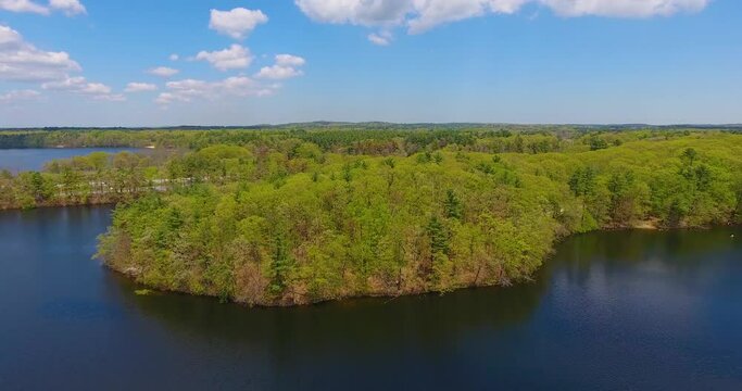 Aerial view of Lake Cochituate and Interstate Highway 90 in spring in Cochituate State Park in town of Natick, Massachusetts MA, USA. 