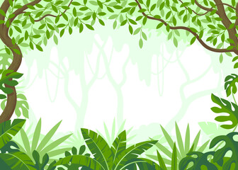 Vector background depicting a jungle with leaves, trees and vines around the edges.