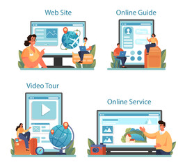 Tourism expert online service or platform set. Travel agent selling tour,