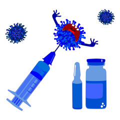 A syringe with a vaccine. A bottle of medicine. Viruses are afraid. illustration