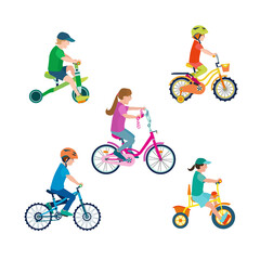 Set of flat happy kids on bicycles. Child riding colorful bike on white background. Girl and boy kids outdoor bike sport. Vector illustration.