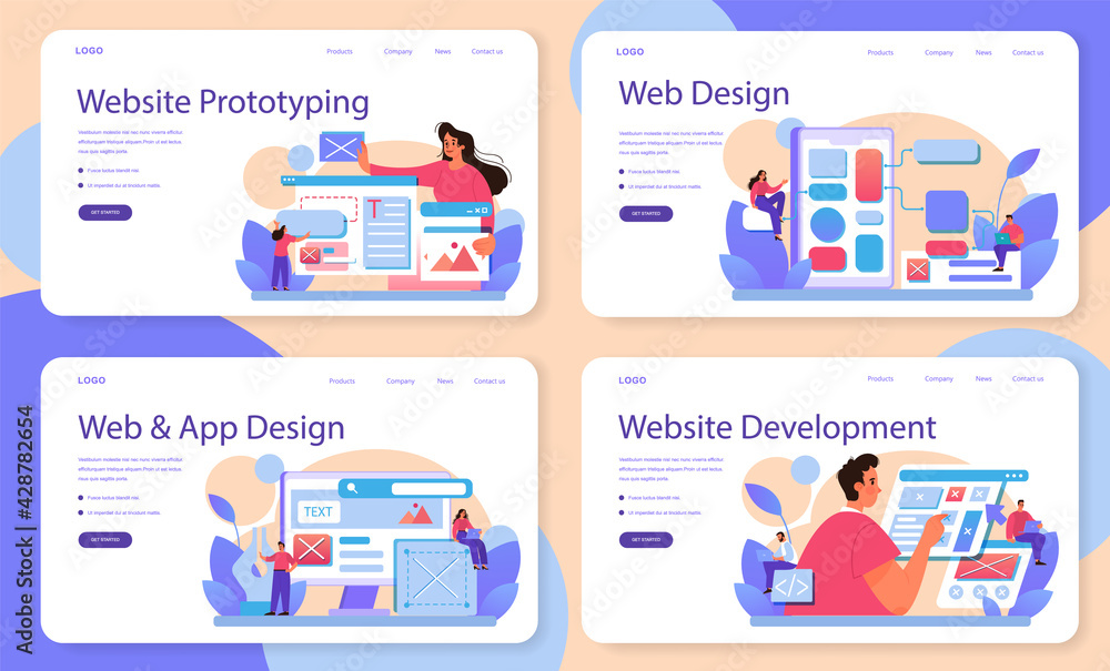 Poster website prototyping web banner or landing page set. web page modeling