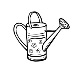 outline vector illustration garden watering can doodle style clip art isolated on white background, elements for design