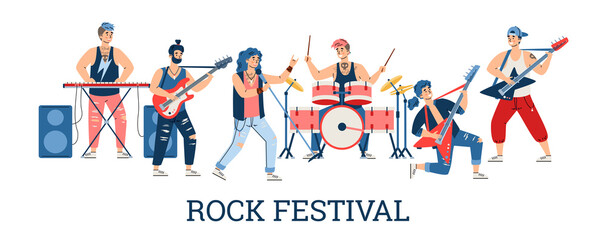 Rock music festival poster with musicians of rock band flat vector illustration.