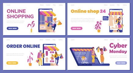 Happy shoppers enjoying shopping or orders in online shops a vector illustrations