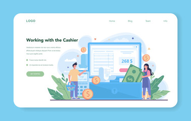 Cashier web banner or landing page. Worker behind the cashier counter