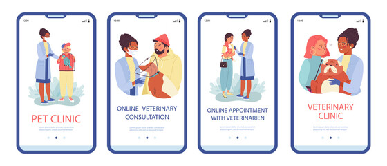 Onboarding pages set for veterinary with animals, flat vector illustration.