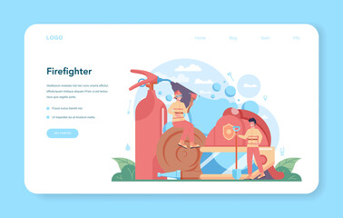 Fireman web banner or landing page. Professional fire brigade firhting