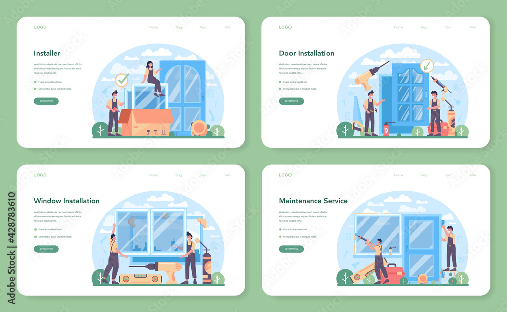 Aufkleber installer web banner or landing page set. worker in uniform installing window