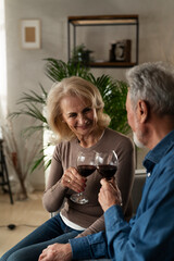 Senior woman and man drinking wine at home. Husband and wife celebrate the anniversary...