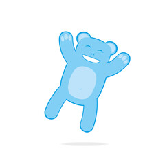 Blue happy teddy bear jumping. Cartoon character isolated on white. Vector illustration for cards, invitations, posters and prints