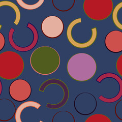 Seamless pattern of circles and half rings of different colors on a dark blue background for textiles.