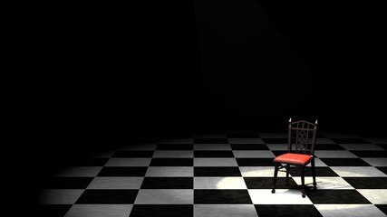 市松模様タイルの暗い部屋・スポットライトに照らされた椅子　3DCGポスター　椅子