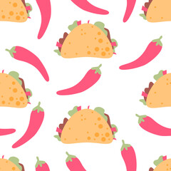 Chili And Taco pattern. Mexican food seamless pattern. Delicious taco and red paper