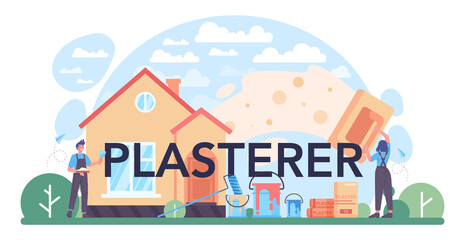 Plasterer typographic header. People in the uniform paint the wall with paint