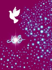 Bella cartolina Buona Pasqua scritto in russo. Colomba bianca vola, stella, croce raggiante. 