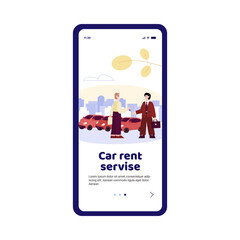Onboarding page interface for car rental services, vector cartoon illustration.