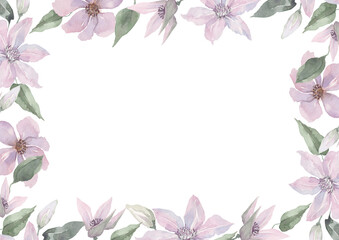 Obraz na płótnie Canvas Border frame from lilac flowers of clematis with delicate buds and green leaves. Watercolor on a white background for the design of cards, invitations, borders, banners, backgrounds, prints.