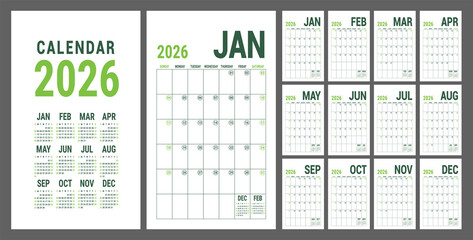 Calendar planner 2026. English calender green template. Vector grid. Office business planning. Creative trendy design