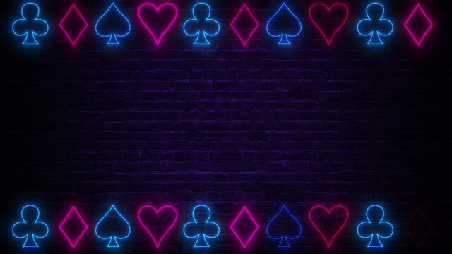 The neon signs of card suit icons light up and go out. Abstract animation background. Concept of online casino and bet. Template for copy space text or your casino logo