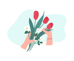 Human hands arranging bouquet of flowers, flat vector illustration isolated.