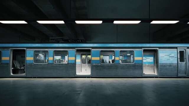 Subway train arriving to empty metro station. Empty train in subway station. Closing train door and leaving the station. 3d visualization