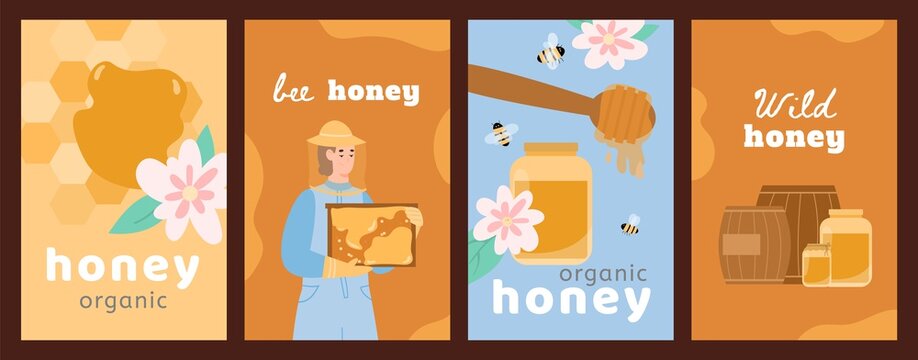 Labels or banners set for honey products, flat cartoon vector illustration.