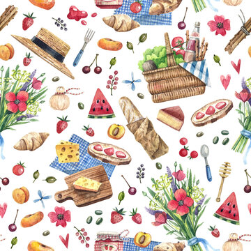 Watercolor hand painted seamless pattern with picnic basket and summer flowers. Summer rustic background. Summer picnic illustration for wrapping paper, textile, decorations.