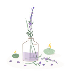 Aromatherapy Lavender Concept.Natural wellness Spa set, organic, aromatherapy,essential oil lavender Fragrant extract Aroma Stick, candles and herbs. Health and self-care concept. Vector Illustration.