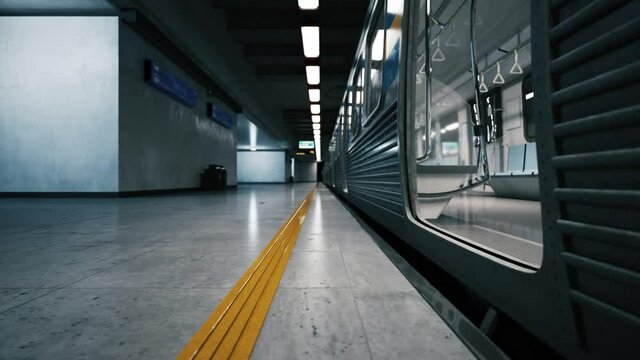 An empty subway train arrives at the station. Subway train arriving metro Station. Nobody gets out from subway train. No people from subway train. 3d visualization