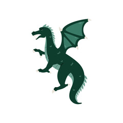 Medieval green dragon cartoon character, flat vector illustration isolated.