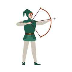 Archer in medieval clothes shoots an arrow, flat vector illustration isolated.