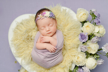 Fototapeta na wymiar Newborn girl on a violet background. Photoshoot for the newborn. A portrait of a beautiful newborn baby girl 