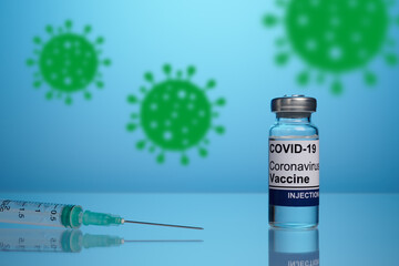 Covid vaccine medication with inoculation syringe on coronavirus background. Covid-19 vaccination...