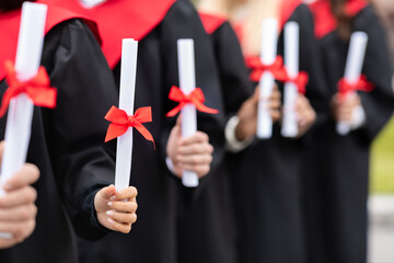 Unrecognizable multiracial group of graduates holding diplomas