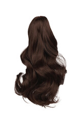 Fototapeta premium Detail shot of brown curly ponytail for hair extension. Natural looking false hairpiece is isolated on the white background. 