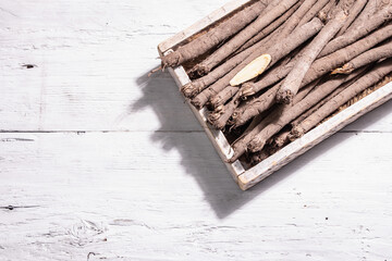 Bunch of raw Scorzonera or Spanish salsify, trendy hard light, dark shadow