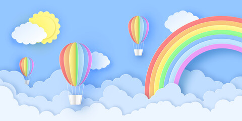 Beautiful hot air balloons flying over fluffy clouds in the sky with sun and rainbow. Greeting card, background, banner, tourism concept, poster. Paper cut out art digital craft style. Vector illustra