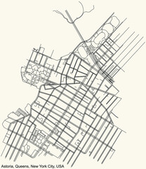 Black simple detailed street roads map on vintage beige background of the quarter Astoria neighborhood of the Queens borough of New York City, USA