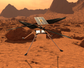 Helicopter Ingenuity explore Mars.  Drone on the ground of Mars examining rocks © Giovanni Cancemi