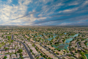 Landscape scenic aerial panorama view of a suburban settlement in USA with detached houses with Avondale the Arizona