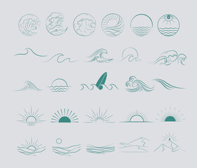 Collection of Summer Boho linear symbols, icons design. Sun, sea waves, landscape. Editable Vector Illustration.